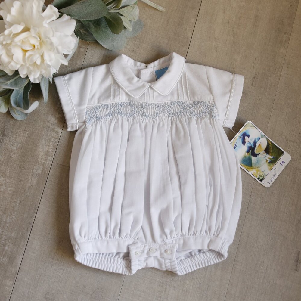 Preemie Boys White Smocked Formal Romper Creeper Blue Embroidery Heirloom NWT